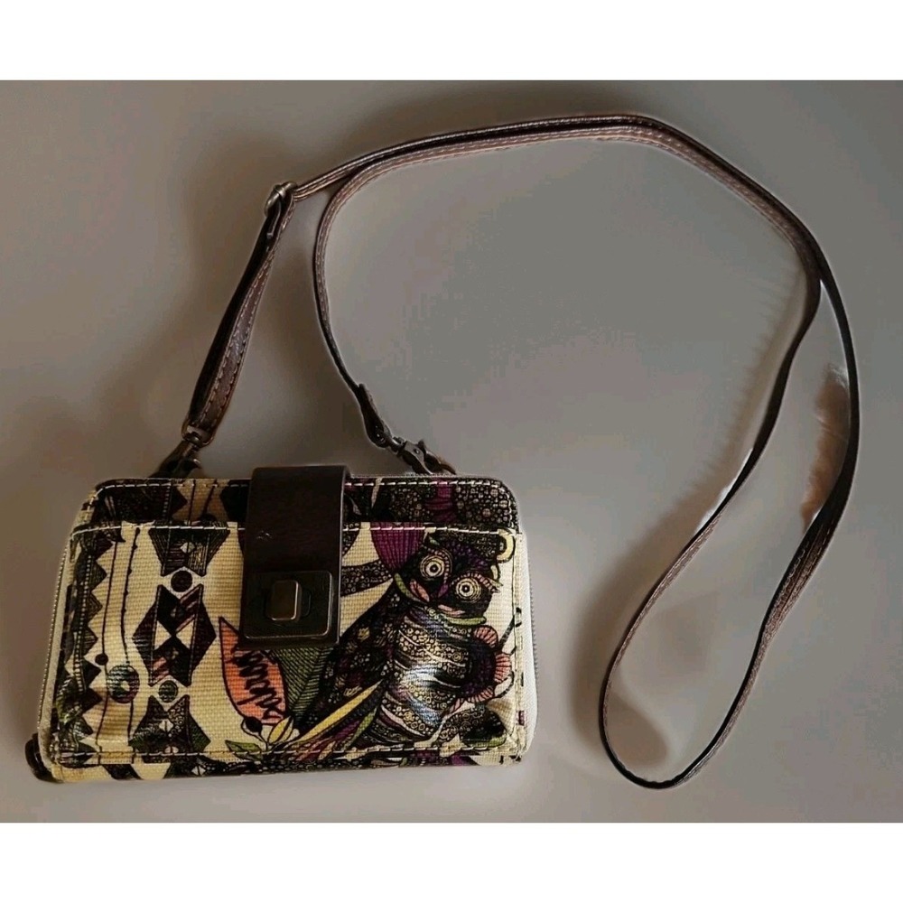 Sakroots Wallet Crossbody Zip‎ Owl/paisley Purple Cream W/removable Strap Nice!